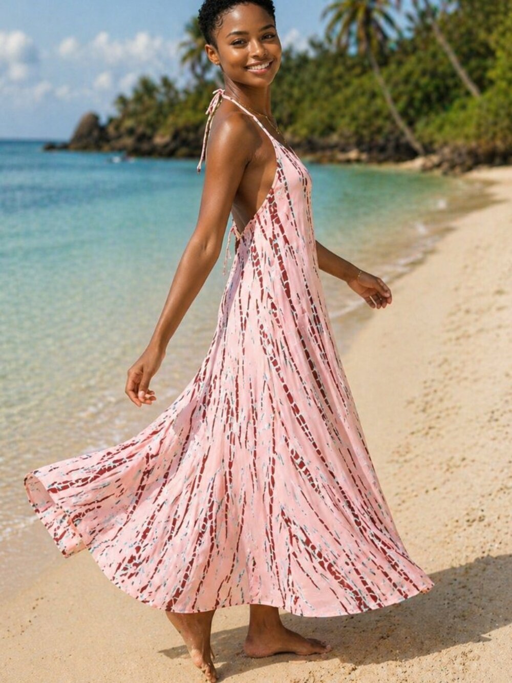 Boho Free Flowing Fly Away Maxi Backless Halter Style Sexy Bodycon Pink Dress